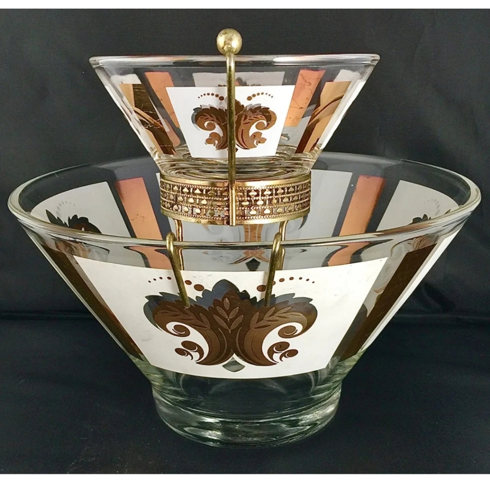 Vintage Anchor Hocking Festive Pattern 22k Gold/White Chip & Dip Set MCM